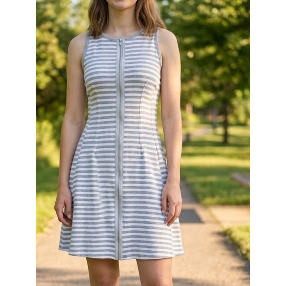 Chic Striped Sleeveless Mini Dress - Gray and White w Zipper Front